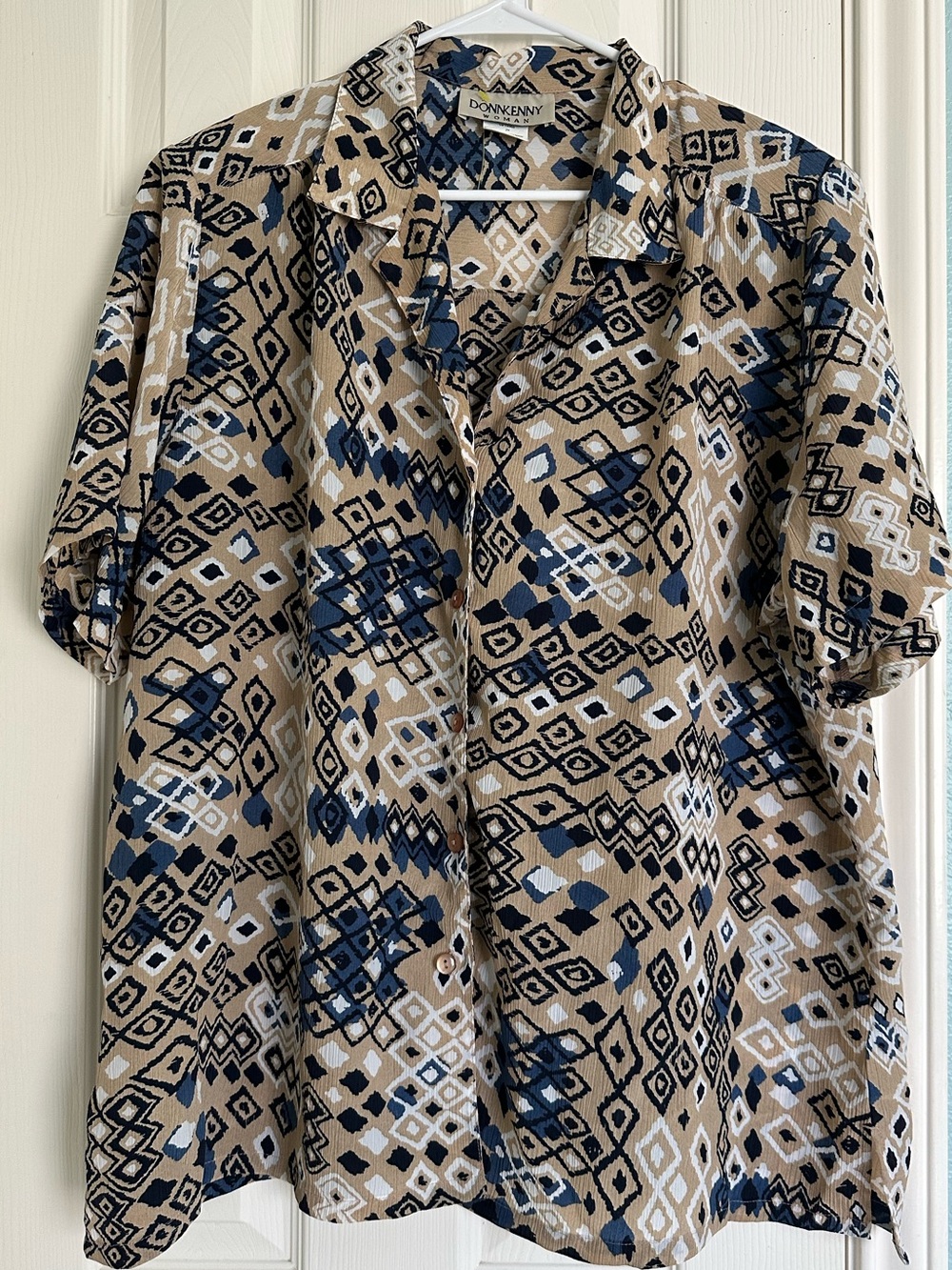Vintage Donnkenny blouse blue, brown, & white geometric pattern size 2X